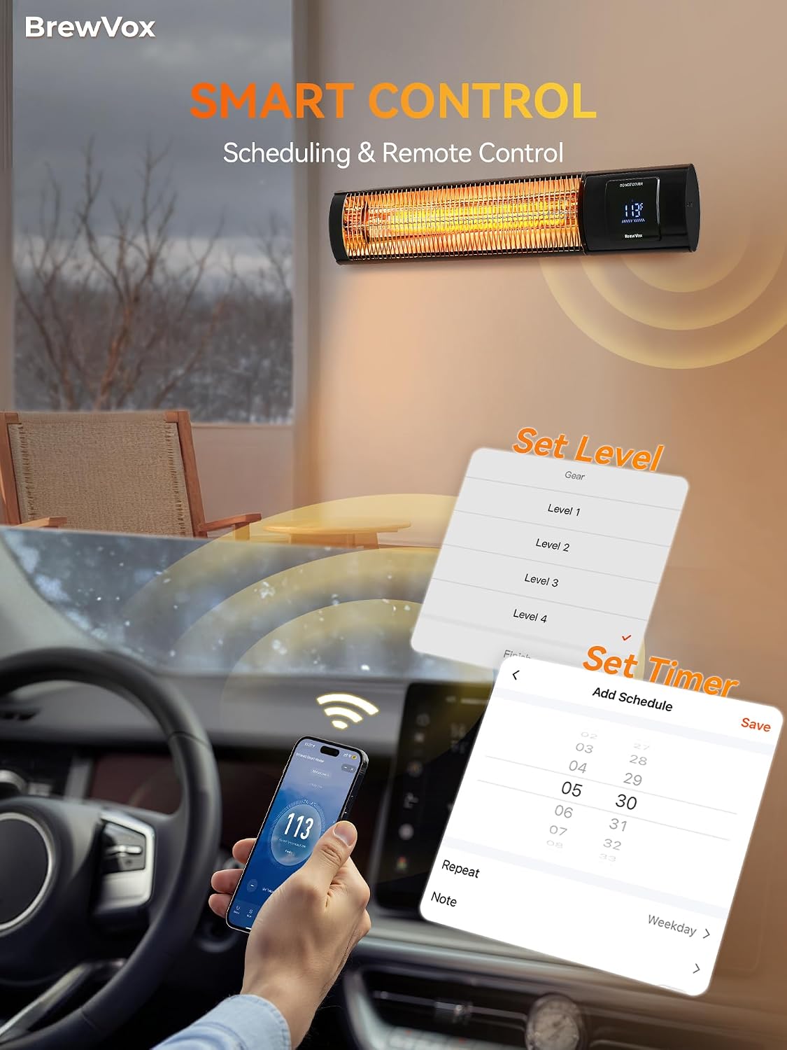 BrewVox 1500W Carbon Infrared Electric Outdoor Patio Heater with Thermostat, Horizontal & Vertical, Smart App-Controlled Scheduling & Remote On/Off, IP65 Weatherproof, Overheat Protection, 24H Timer